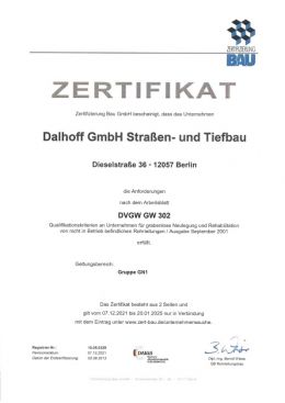 Zertifikat DVGW GW 302 Gruppe GN 1 durch die Bau GmbH