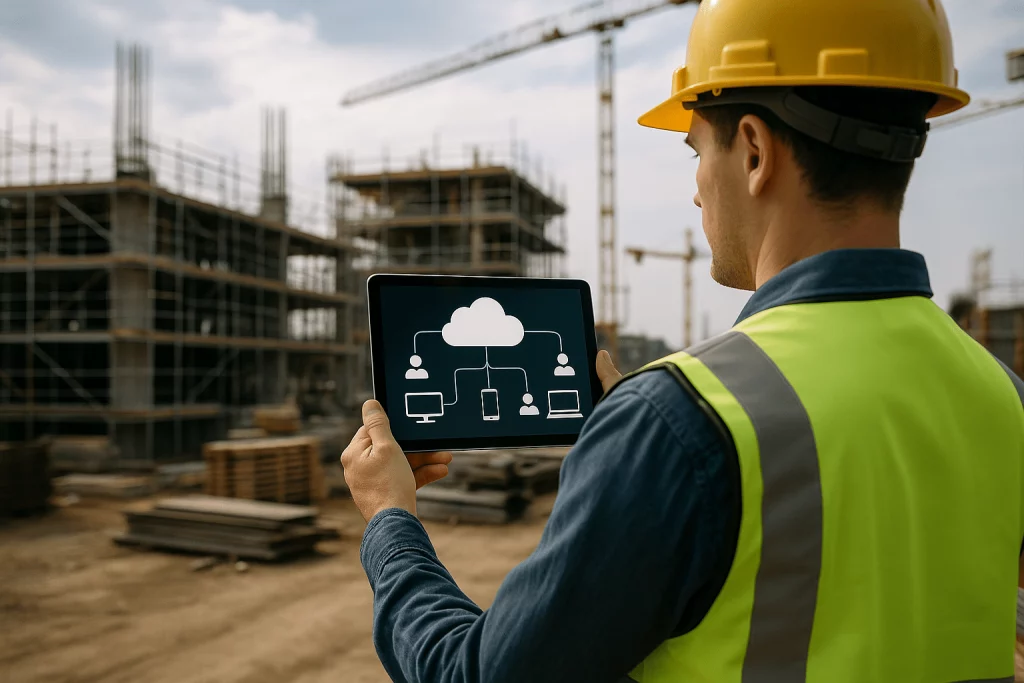 Bauleiter arbeitet auf einer Baustelle mit Cloud-Technologie
