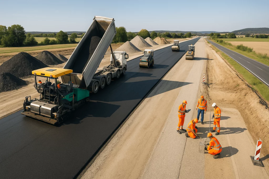 Bauarbeiter bauen eine Straße mit Recycling Baustoffen