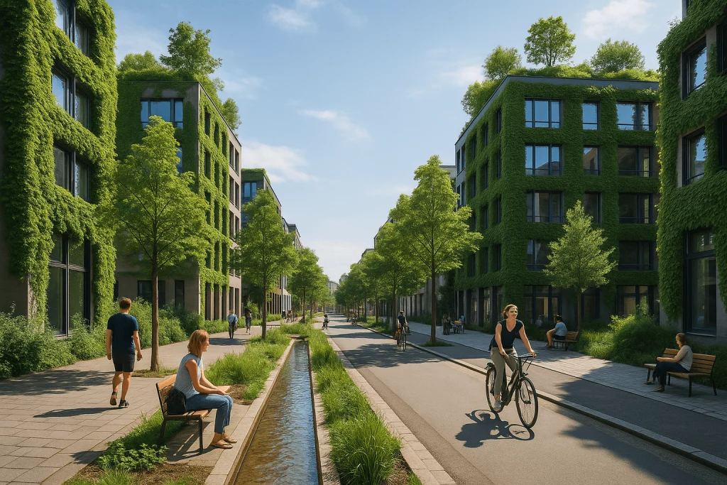 Moderne Stadt mit blau-grüner Infrastruktur
