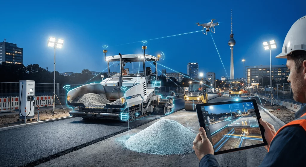 Moderne Baumaschinen vor der Skyline Berlin