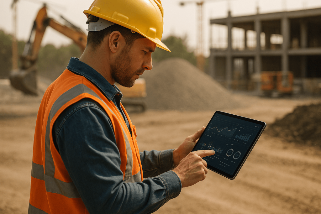 Bauarbeiter mit einem Tablet auf der Baustelle