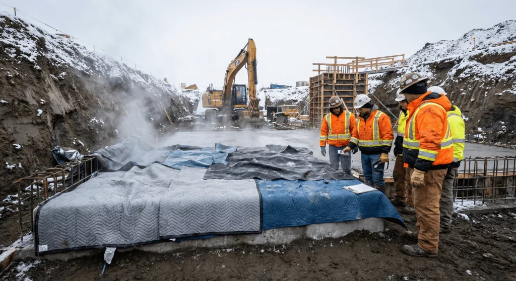 Bauarbeiter im Winter führen Beton Frostschutz Maßnahmen durch